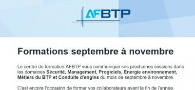 AFBTP - Les formations du mois de septembre à novembre 2023